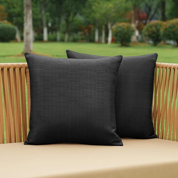 NiNi ALL Waterproof Outdoor Pillow Covers 24x24 Set of 2 Patio Black | Faux Linen Textured Decorative Solid Throw Pillow Covers Farmhouse for Garden Furniture Tent Balcony Couch Sofa Cushion