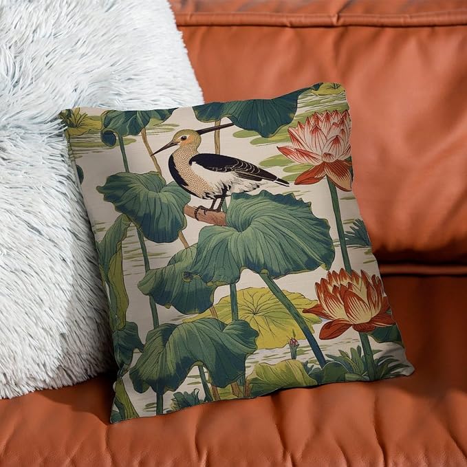 Nympheus Pistachio Outdoor Cushion Cases Lotus Pond Bird Throw Pillow Cover Accent Waterproof Throw Pillow Covers for Patio Furniture Tent Garden 22x22 in