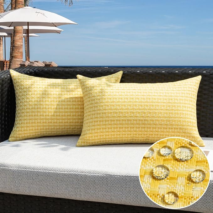Kevin Textile Outdoor Waterproof 12"x24" Pillow Covers 2 Pack, Yellow | Water Resistant Weaving Faux Linen Texture Throw Pillow Covers, Outside Decorative Pillowcases for Garden Patio Balcony Couch