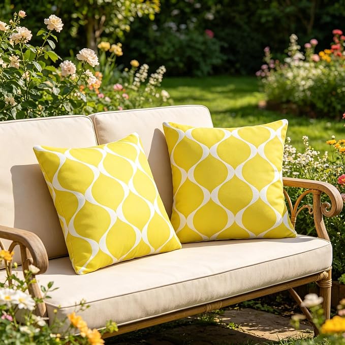 Merrycolor Outdoor Pillows Cover Waterproof Set of 2 Modern Geometric Patterns Yellow and White 18x18 Inches for Patio Furniture Couch Outdoor Throw Pillow Covers for Couch