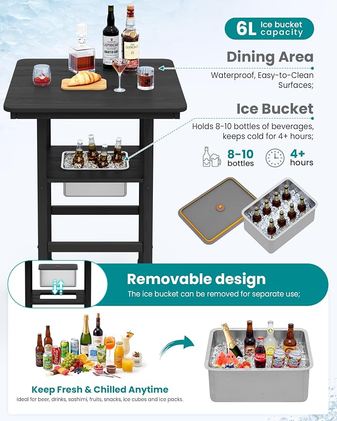 SERWALL Adirondack Bar Chairs and Table 3 Pieces Set with Umbrella, HDPE Bar Height Chairs Set of 2 and Bar Table with Ice Bucket, Outdoor Bar Stools Set for Balcony, Poolside, Backyard, Black