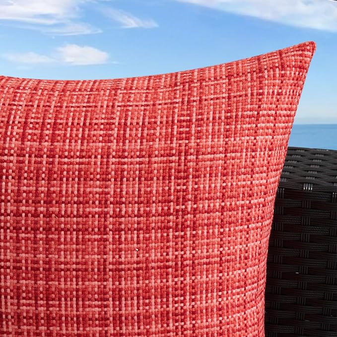 UGASA Outdoor Waterproof Throw Pillow Covers Pack of 2 Patio Water Resistant Pillow Cases Summer Woven Texture Decorative for Outside Garden Porch Yard Bench Tent 20x20 Inch, Red