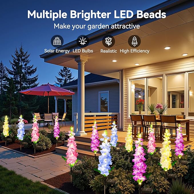 KOOPER Solar Lights Outdoor Garden Decor, 4 Pack Upgraded Delphinium Solar Garden Lights with 36 LEDs, Vivid Flowers Outdoor Waterproof for Landscape Patio Yard Decor