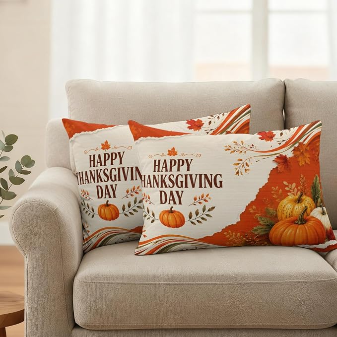 Fall Thanksgiving Waterproof Outdoor Pillow Covers 20''x12'' Set of 2, Maple Leaves Orange Pumpkins Patio Furniture Cushion Covers for Chairs, Decorative Farmhouse Pillow Cases for Garden/Pool/Beach