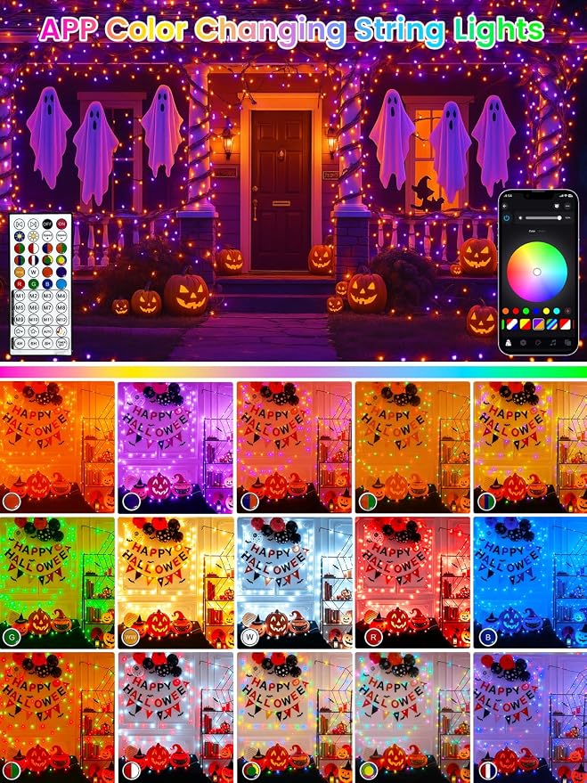 200 LED Smart Color Changing Fall String Lights APP & Remote for Halloween | 66 FT Halloween Twinkle Lights IP44 Waterproof, Timer, Music Sync, Multiple Colors & Modes, Outdoor Christmas Fall Decoration