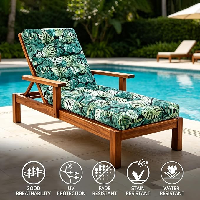 Patio Chaise Lounge Cushions, 70.5"x21"x4" Waterproof Replacement Beach Pool Lawn Outdoor Lounge Chair Cushion, Non-Slip Bottom & Secure Ties for Outdoor Furniture，Monstera, 1Count