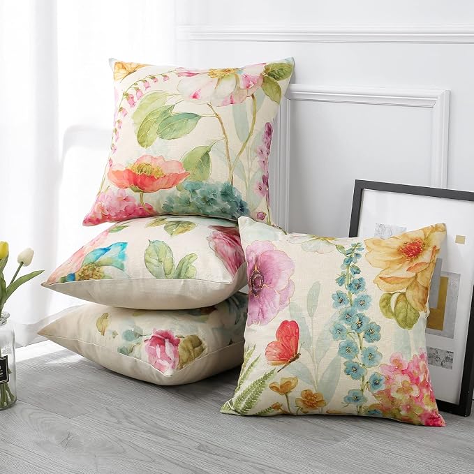 Artscope Set of 4 Waterproof Throw Pillow Covers 18x18 Inches, Colorful Flowers Bird and Butterfly Pattern Decorative Cushion Covers, Perfect to Outdoor Patio Garden Living Room Sofa Farmhouse Decor