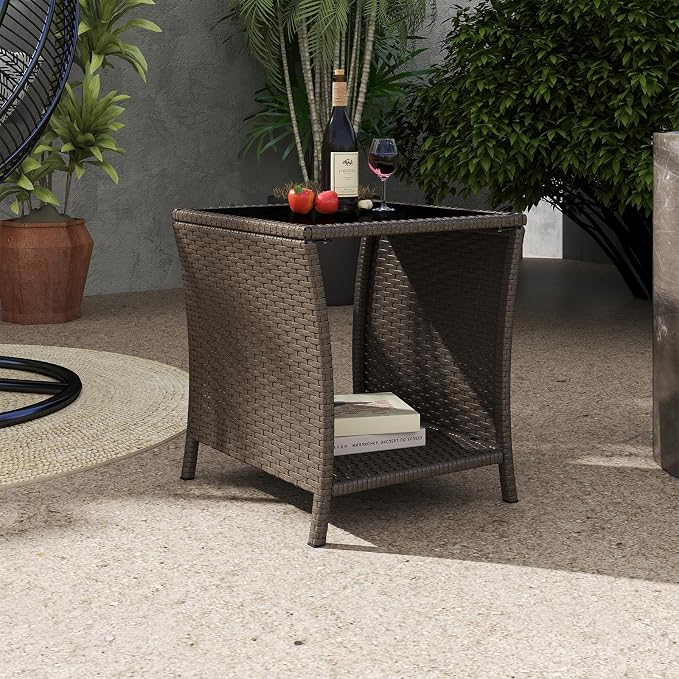 Outdoor Small Patio Table - PE Rattan Coffee Table, Wicker Side Table for Patio, Balcony & Porch, Durable & Iron Frame (1, Sesame)