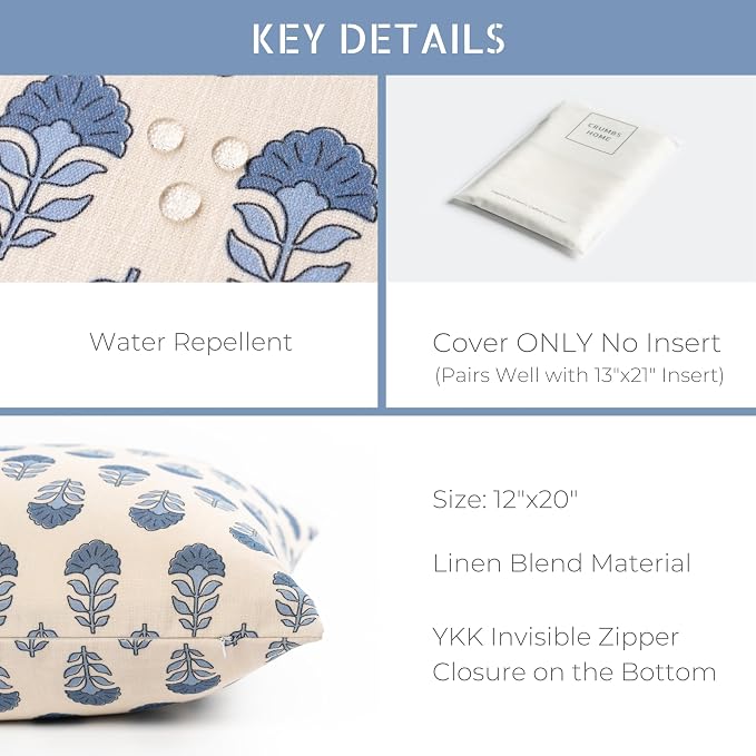 California Casual Coastal Indoor Outdoor Lumbar Pillow Cover, 12"x20" Water Repellent for Patio, Backyard, Couch, Poolside, Earth Tone Azure Blue Neutral Block Print Flowers