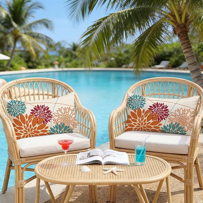 OTOSTAR Outdoor Orange Red Pillow Covers 16x24 Inch Set of 2 Cyan Flower Throw Pillows Farmhouse Geometric Dahlia Floral Lumbar Cushion Case Waterproof Decor for Sofa Patio Funiture Garden