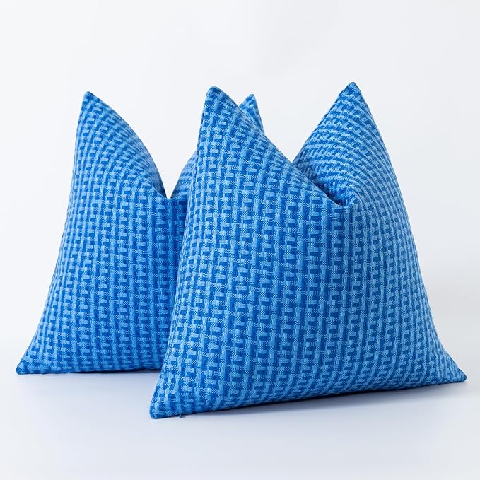 Kevin Textile Outdoor Waterproof 20"x20" Pillow Covers 2 Pack, Blue | Water Resistant Weaving Faux Linen Texture Throw Pillow Covers, Outside Decorative Pillowcases for Garden Patio Balcony Couch