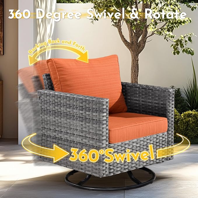 Weaxty 11 Piece Patio Furniture Set with Fire Pit Table, Outdoor Sectional Couch Swivel Rocker Patio Chairs with Coffee Table Wicker Conversation Sets for Balcony Backyard, Orange Red