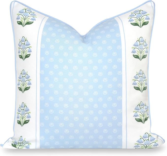 Hofdeco Premium Grandmillennial Coastal Hampton Patio Indoor Outdoor Throw Pillow Cover Only, 20"x20" Water Repellent for Backyard, Couch, Poolside, Blue Green Print Block Striped Lily of the Valley