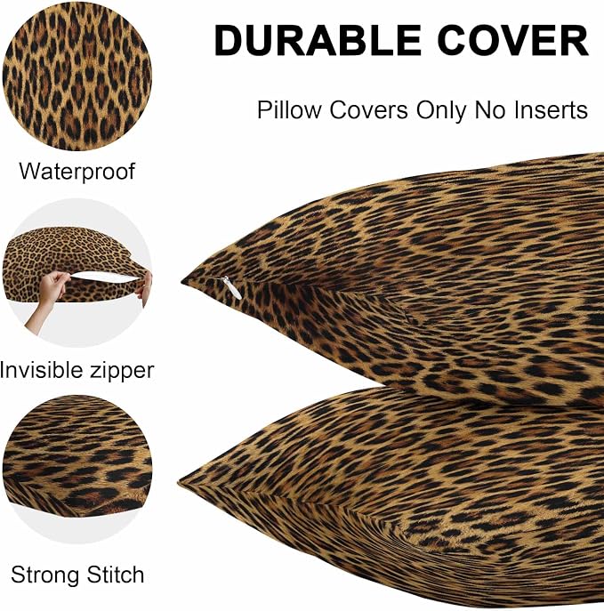 Vandarllin Outdoor Throw Pillows Covers 16x16 inch Set of 2 Waterproof Leopard Print Decorative Zippered Cushion Covers for Patio Furniture, Retro Animal Fur Pattern Lumbar Pillowcases