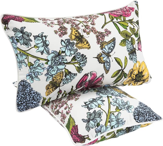 Water Resistant Outdoor Lumbar Pillows for Patio Furniture,12x20 Inch Decorative Pillows Set of 2 with Insert,Hidden Zipper Headrests for Sofa Couch Chair(Butterfly Flower)