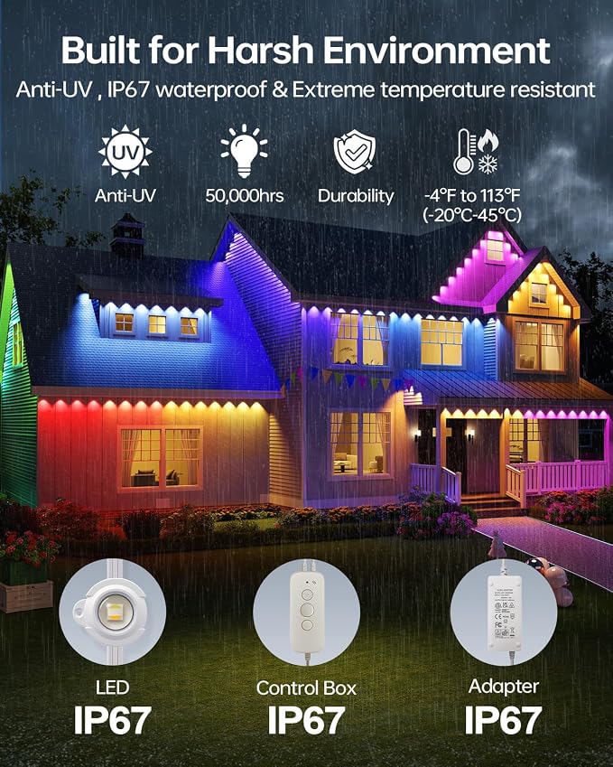 ASAHOM Permanent Outdoor Lights, 72 RGBCW LEDs, AI Lighting, 30,000 Effects | Dual Output, Extend to 800FT, IP67 Waterproof, Voice Control, for Halloween Christmas and Daily Lighting, 100FT, White, S107B