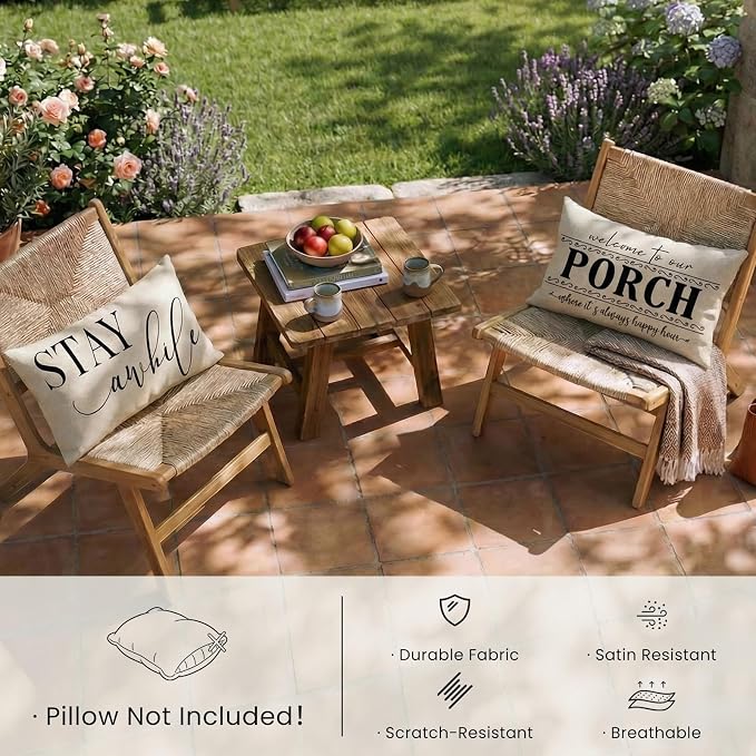 Front Porch Decor Pillows Outdoor Lumbar Pillow Covers Waterproof 12x20 | Set of 2, No Inserts, Minimalist Neutral Home Decor, Patio Pillows Outdoor Waterproof, Weather Resistant Outdoor Pillows