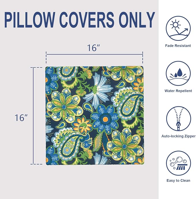 Outdoor 16x16 Inch Throw Pillow Covers Set of 2, Covers ONLY, All Weather Square Pillow Cases, Patio Cushion Pillow of Home Furniture Use, Wonder Garden