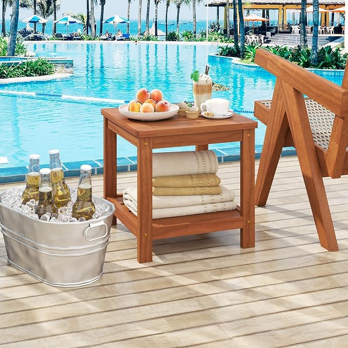 HAPPYGRILL 2-Tier Outdoor Wood Side Table with Storage Shelf, Patio Wooden End Table, Farmhouse Accent Nightstand, for Garden Yard Porch Deck Living Room (1)