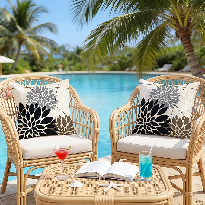 OTOSTAR Outdoor Black Gray Pillow Covers 20x20 Inch Set of 2 White Flower Throw Pillows Farmhouse Geometric Dahlia Floral Square Cushion Case Waterproof Decor for Sofa Patio Funiture Garden