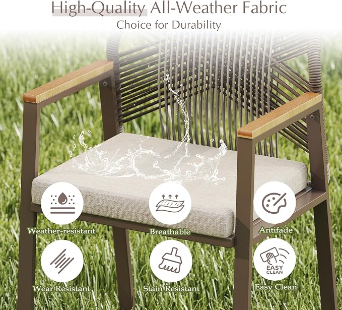 Aluminum Outdoor Patio Dining Chairs - Imitation Rope Vine Chair Ergonomic Backrest Design Detachable Seat Cushion Soft and Breathable Garden Porch, Light Brown 2Pcs