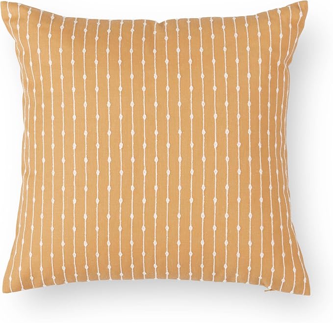 Modern Farmhouse Fall Linen Indoor Outdoor Throw Pillow Cover Only, 20"x20" Water Repellent for Patio, Backyard, Couch, Mustard Yellow Neutral Embroidered Stripes