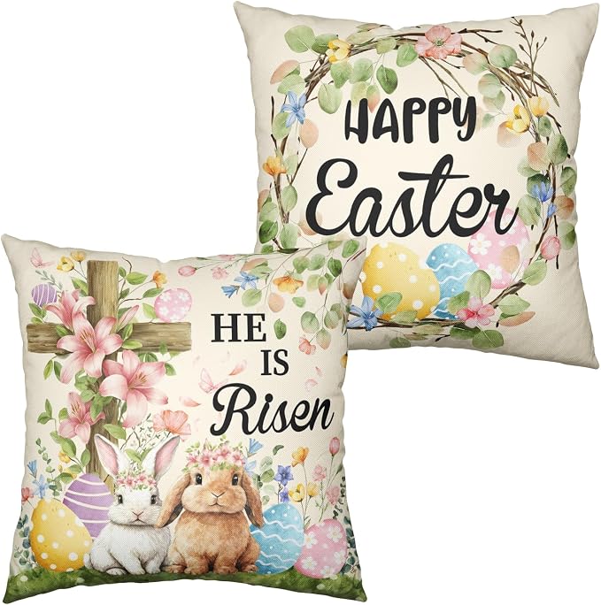 Happy Easter Throw Pillow Covers He is Risen Floral Cross Pillow Covers Spring Easter Bunny Pillow Cases 20x20 Set of 2 Colorful Eggs Rabbit Cushion Cases for Home Sofa Couch