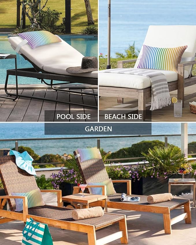 Pack of 2 Outdoor Lumbar Pillow Covers 12x20 Inch, Thin Rainbow Striped Waterproof Throw Pillow Covers Set, Farmhouse Modern Stripes Indoor&Outdoor Decorative Cushion Cases for Patio Porch Car