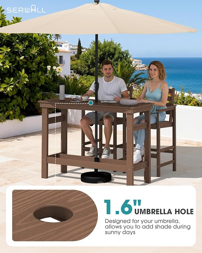 SERWALL Outdoor Bar Set - 2 Adirondack Bar Chairs & Bar Height Table with 1.6" Umbrella Hole, All-Weather HDPE Patio Furniture for Poolside, Backyard, Garden - Brown