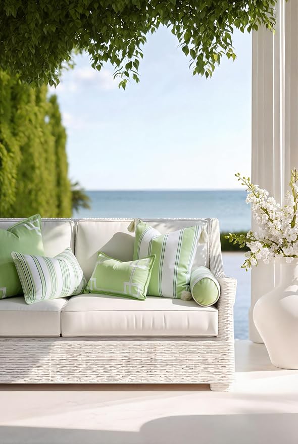 Hofdeco Premium Coastal Hampton Outdoor Performance Bolster Pillow Cover Only, 6"x20" Water Repellent, UV and Fade Resistant for Backyard, Couch, Poolside, Grass Green Woven Harbor Stripes