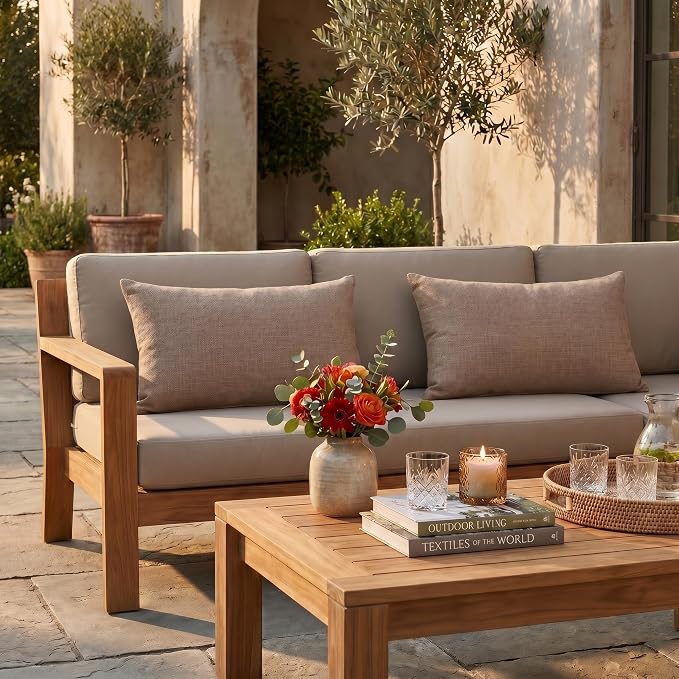 RSH DECOR: Sunbrella Lumbar Throw Pillows Set of 2 | 20" x 12" | Water and Fade-Resistant Performance Fabric | Outdoor Pillow Covers with Down-Alternative Inserts | Made in USA (Rochelle Truffle)