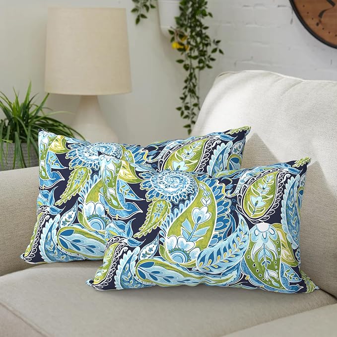 DYTXIII Pack of 2 Outdoor Waterproof Lumbar Pillow Covers ONLY, 12x20 Rectangle Decorative Double Printed Pillow Cases for Patio Couch Porch Furniture - Paisley Lapis Green