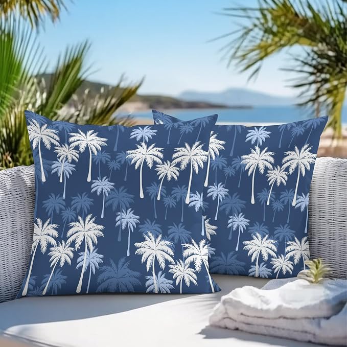 Throw Pillow Covers 20x20 Inch Set of 2, Tropical Palm Tree Waterproof Outdoor Pillow Covers, Navy Blue White Plants Coastal Leaf Decorative Cushion Pillowcases for Couch, Sofa, Bed, Garden, Patio