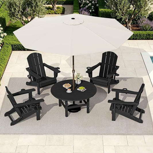 SERWALL 6-Piece Patio Set, 4 Folding Adirondack Chairs with Cup Holders, Round Table & Center Pole Umbrella, HDPE Plastic, Black