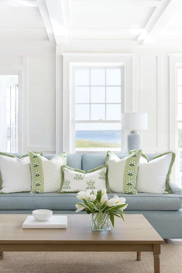 Hofdeco Premium Grandmillennial Coastal Hampton Patio Indoor Outdoor Lumbar Pillow Cover Only, 12"x20" Water Repellent for Backyard, Couch, Poolside, Grass Green Print Hydrangea Flowers
