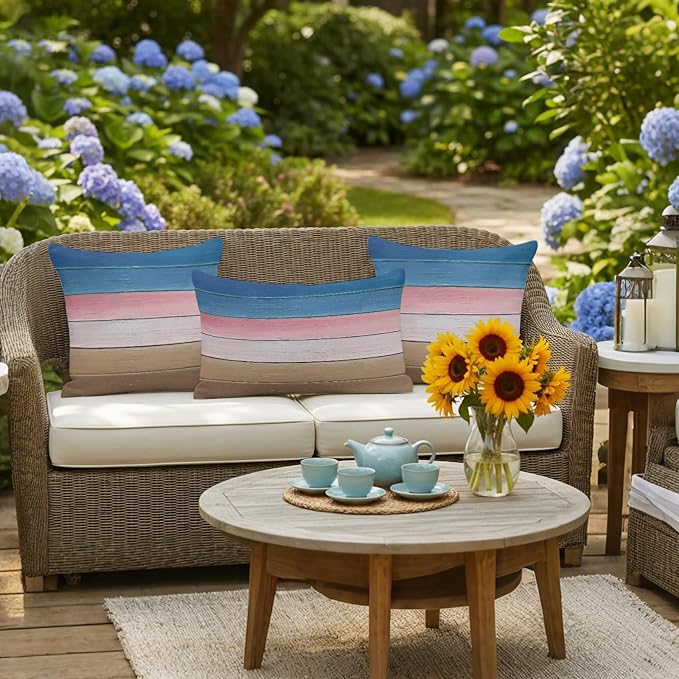 Pink Blue Brown Outdoor Pillow Covers 20x12 Inch Lumbar Pillow Covers Set of 2 Waterproof Decorative Throw Pillow Cases Farmhouse Gradient Wooden Plank Art Cushion Covers for Patio Furniture Garden