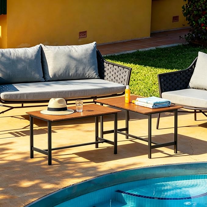 Outdoor Coffee Table, 33.4"L x 17.3"W x 18.1"H Rectangle Weather-Resistant Patio Coffee Table, Metal Heavy-Duty Frame Coffee Side Table, Waterproof for Garden, Porch, Balcony, Deck, Poolside, Brown