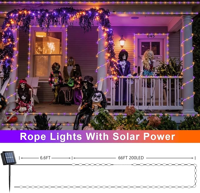 QITONG Orange and Purple Solar Halloween Lights, 66ft 200 LED Solar Rope Lights Outdoor Waterproof, 8 Modes Clear PVC Tube Light Outdoor Waterproof