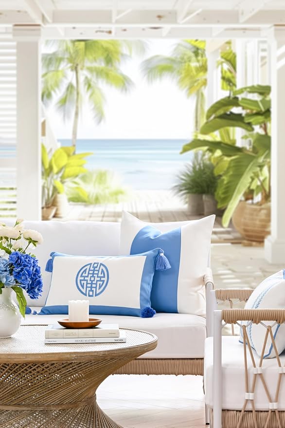 Hofdeco Premium Coastal Hampton Patio Indoor Outdoor Lumbar Pillow Cover Only, 12"x20" Water Repellent for Backyard, Couch, Poolside, Azure Blue Embroidered Double Happiness Symbol