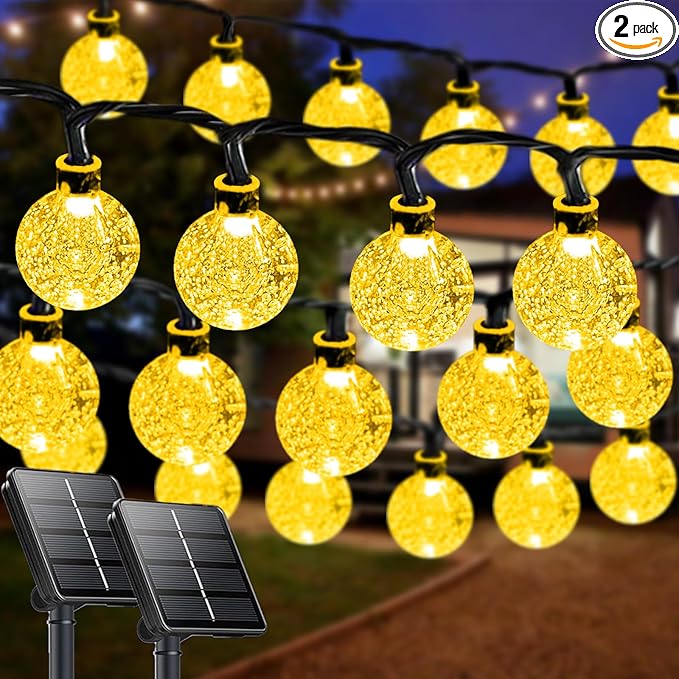 LORRYTE Globe Solar String Lights Outdoor 2 Pack 72FT 120 LED Patio Lights | Warm White Crystal Globe, IP65 Waterproof, Auto On/Off, 8 Modes Solar Powered Light for Garden Yard Wedding Porch Party