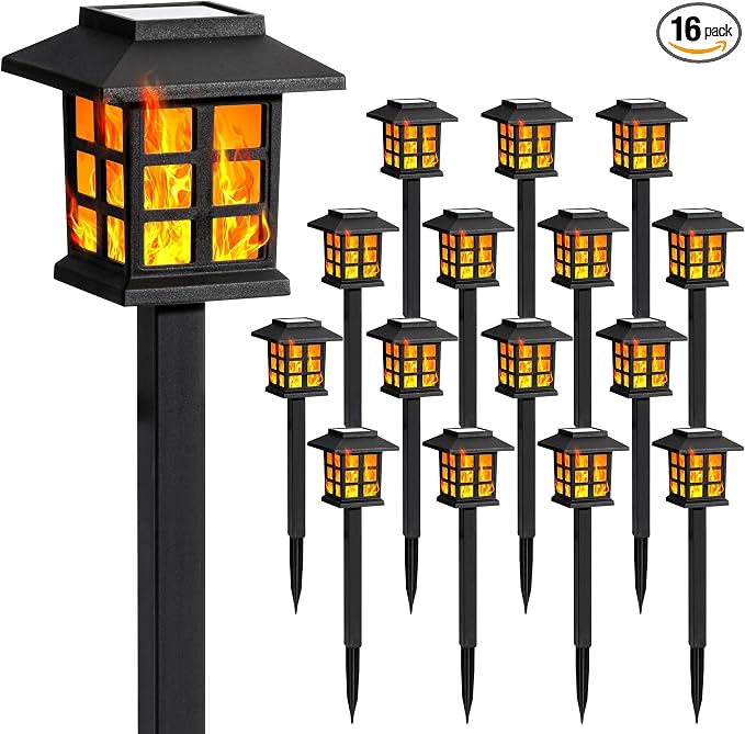 GIGALUMI Solar Lights Outdoor Waterproof 16 Pack, LED Garden Decor | Flickering Flame LED Solar Garden Lights Outdoor Decor, 8 Hours of Landscape Lighting for Garden
