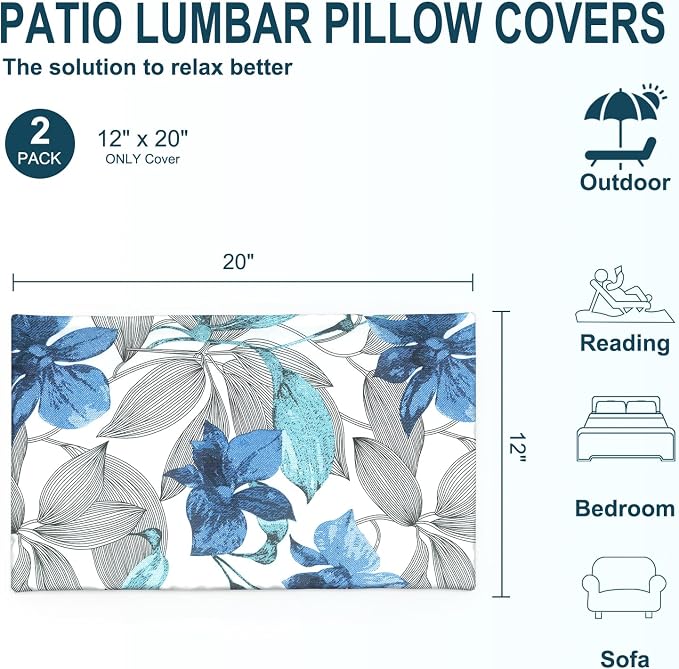 DYTXIII Pack of 2 Outdoor Waterproof Lumbar Pillow Covers ONLY, 12x20 Rectangle Decorative Double Printed Pillow Cases for Patio Couch Porch Furniture - Clemens Noir Blue