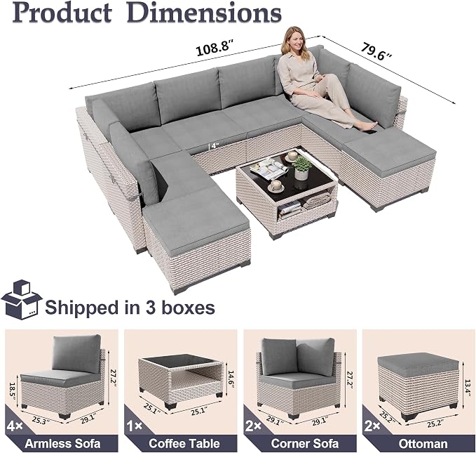 Patio Furniture Set, 9-Piece Outdoor Sectional Sofa with Ottomans & 2-Layer Glass Coffee Table, Wicker Patio Conversation Set with Gray Cushions for Poolside