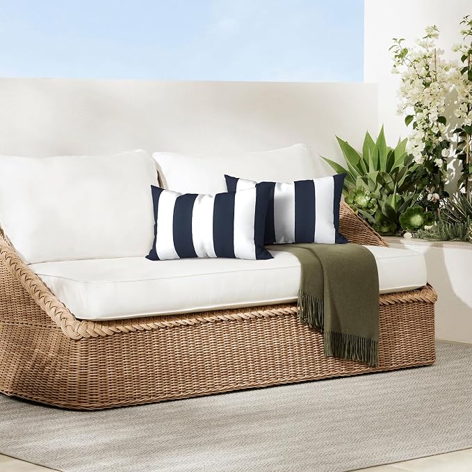 DYTXIII Pack of 2 Outdoor Waterproof Lumbar Pillow Covers ONLY, 12x20 Rectangle Decorative Double Printed Pillow Cases for Patio Couch Porch Furniture - Cabana Navy