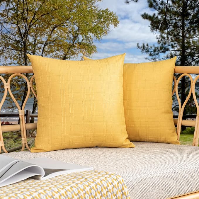 Kevin Textile Outdoor Waterproof 16”x16” Pillow Covers 2 Pack, Yellow | Water Resistant, Soft Faux Linen-cotton Yarn-dyed Woven Texture Throw Pillow Covers for Tent Patio Garden Couch Sofa