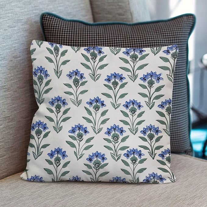 Mughal Flower Pillow Cover Blue Lotus Floral Throw Pillow Cover Classic Square Couch Sofa Cushion Covers for Patio Furniture Garden 24x24 in