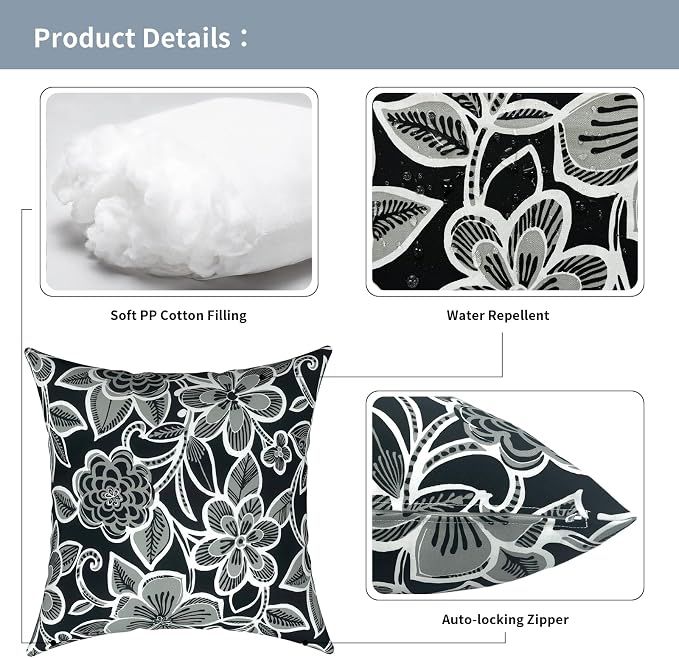 Outdoor Pillows for Patio Furniture 18x18 inch, Square Outdoor Throw Pillows with Inserts, Decorative Toss Pillows for Garden Couch Home Sofa Office Chair, Pack of 2,Flower Black