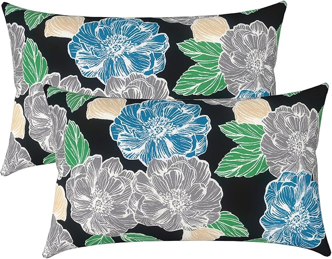 LVTLVTXIII 12×20 Inch Outdoor Lumbar Pillows, Pack of 2 Water Repellent Lumbar Pillow with Inserts, Fluffy Decorative Garden Lumbar Cushions for Home Patio Coach Sofa Use, Peony Garden