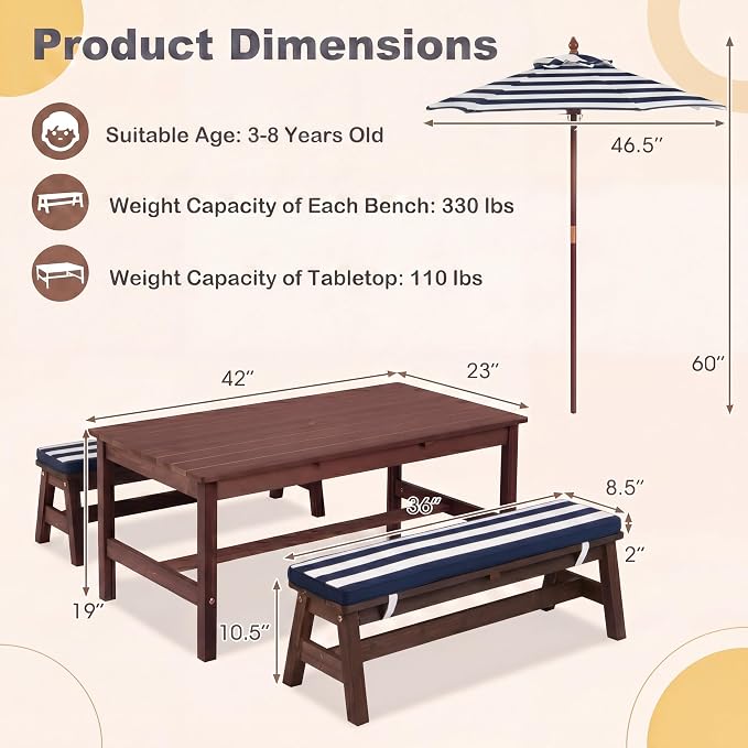 HONEY JOY Kids Picnic Table, Large 42” x 23” Tabletop, Fir Wood Toddler Outdoor Table & Bench Set w/Removable Cushions & Umbrella, Children Backyard Furniture for Patio Garden, Seats for 4 (Blue)