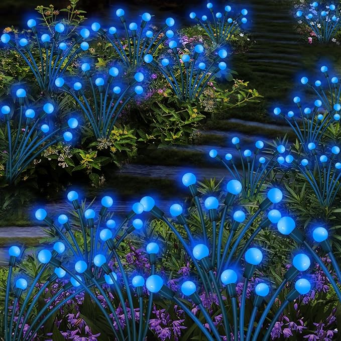 Kohlrabi Solar Garden Lights Outdoor, 6 Pack 48 LED Blue Firefly Lights Waterproof, Sway by Wind, Solar Wind Swaying Light for Yard Patio Backyard Garden Planter Flower Bed Pathway Decoration